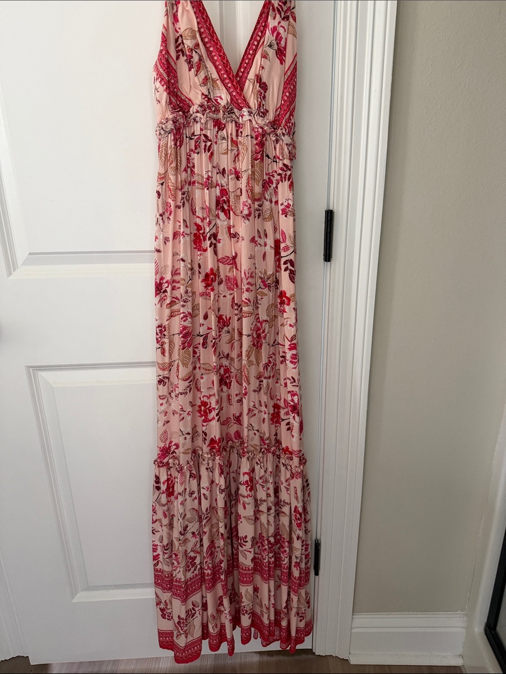 Blue Rain Pink Maxi Dress with Red Floral Print